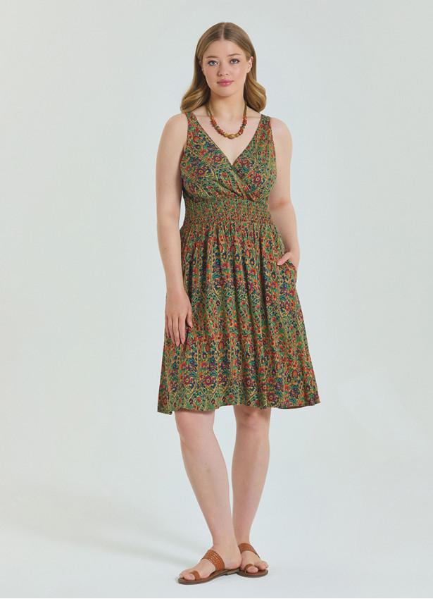 V Neck Robe Green Patterned Plus Size Dress 4586